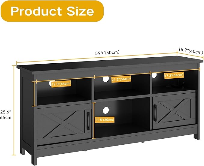 DWVO Black TV Stand for 65 Inch TV, Entertainment Centre, TV Cabinet with Power Outlet & LED Light Strip, Media Console Television Stands, Living Room Furniture 59 Inch