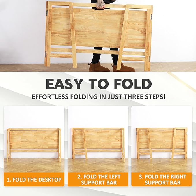 Solid Wood Folding Desk Mid Century Modern Table, 47'' Foldable Writing Computer Desk for Home Office, Simple Study Makeup Workstation, Wooden Study Office Desk Table for Small Spaces, Natural Color