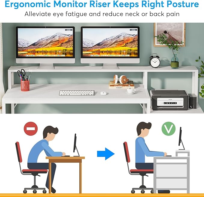 Tribesigns 63 Inch Computer Desk with File Drawer Cabinet, Ergonomic Office Desk with Monitor Stand, Computer Table with Printer Space, Wood PC Table Workstation Desk for Home Office, White