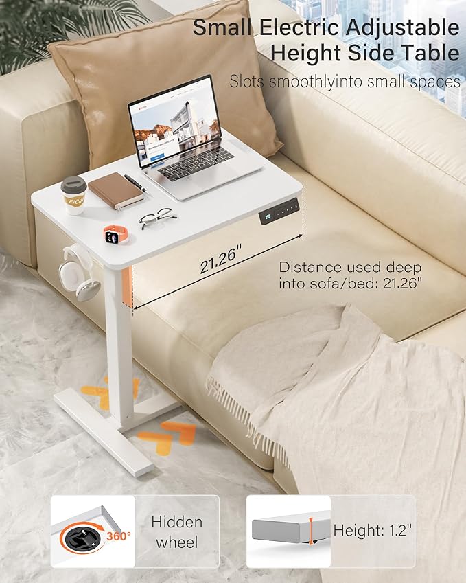 Small Mobile Standing Desk with Wheels, Electric Height Adjustable Portable Rolling Computer Cart, Movable Sit Stand Laptop Table for Sofa, Bedside, Home Office Workstation (27.6", White)