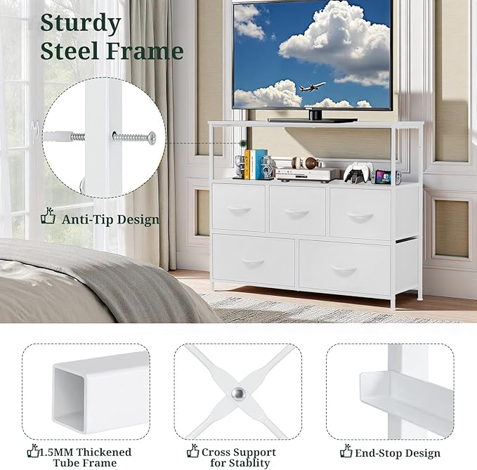 TV Stand, 5 Fabric Drawers Dresser Entertainment Center for TV up to 45 inch Wooden Media Console Table Storage Organizer with Open Shelf, for Living Room, Bedroom, or Small Space, White