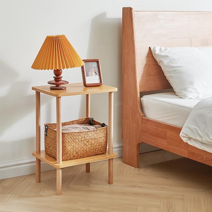IBUYKE 2-Tier Side Table, Solid Wood Tall End Table with Storage Shelves, Nightstand Bedside Table for Living Room Bedroom Office, No-Tool Assembly, Natural UWST002N