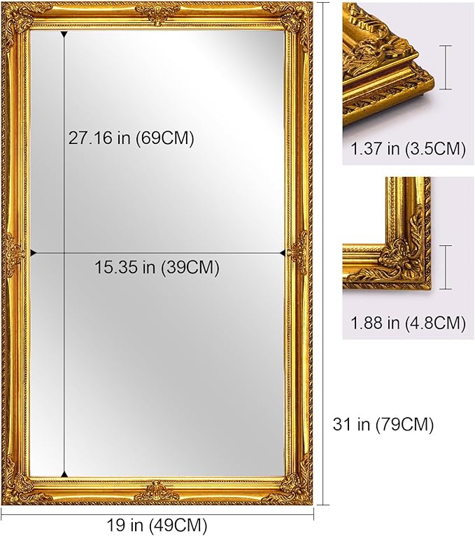 Vintage Wall Mirror, 31" x 19" Decorative Antique Mirror for Bathroom, Entryway, Bedroom with Gold Ornate Baroque Wood Frame