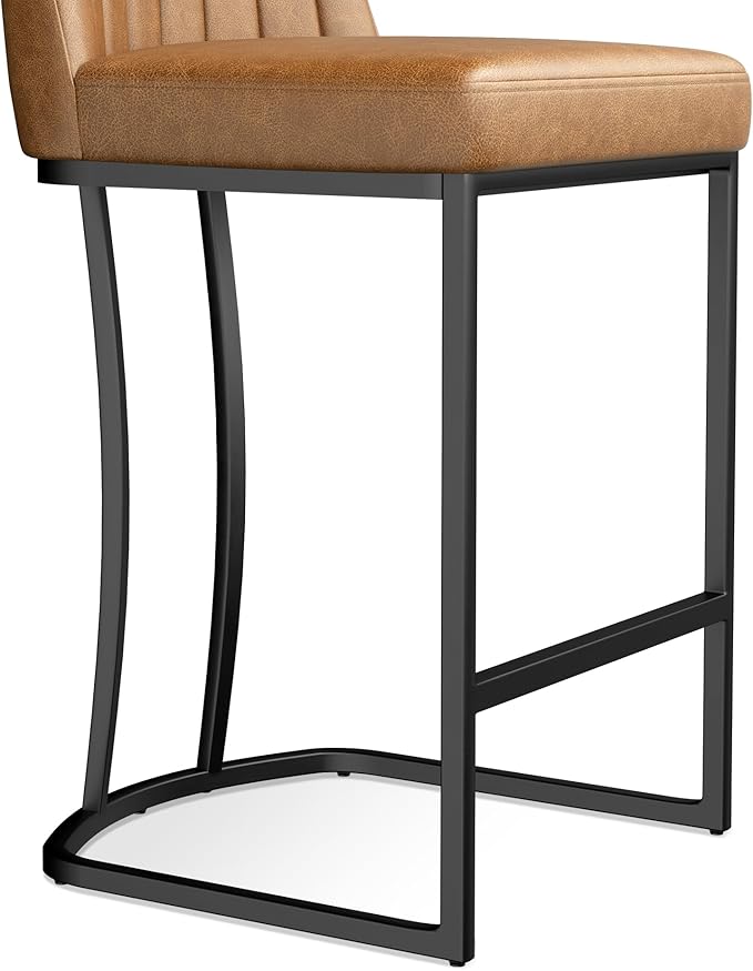 Bar Stools Set of 2, Faux Leather Counter Height Barstools, Upholstered Kitchen Counter Stools with Back and Stitching, 25.6" H Kitchen Island Stools Bar Chair, Metal Framed, Whisky Brown