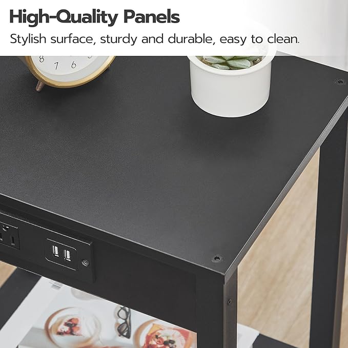 HOOBRO Side Table with Charging Station, Set of 2 End Tables with USB Ports and Outlet, Nightstand with 2-Tier Storage Shelf, for Living Room, Bedroom, Small Space, Black BK91UBZP201