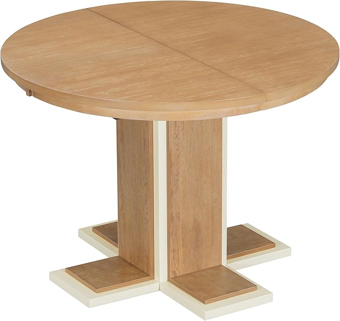 Ball & Cast Farmhouse Extendable Dining Table for 4-6, 42"-58" Extendable Kitchen-Table with a 16" Leaf, Round Ellipse Retro Wood Dining Room-Table w/Double Layer Base,Two Tone Color, Natural