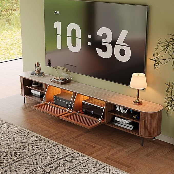 POVISON Fully-Assembled Mid Century Modern Black TV Stand with White Matte Travertine Stone Tabletop & LED Lights, Rolling Door Media Console, Wood TV Console for Living Room