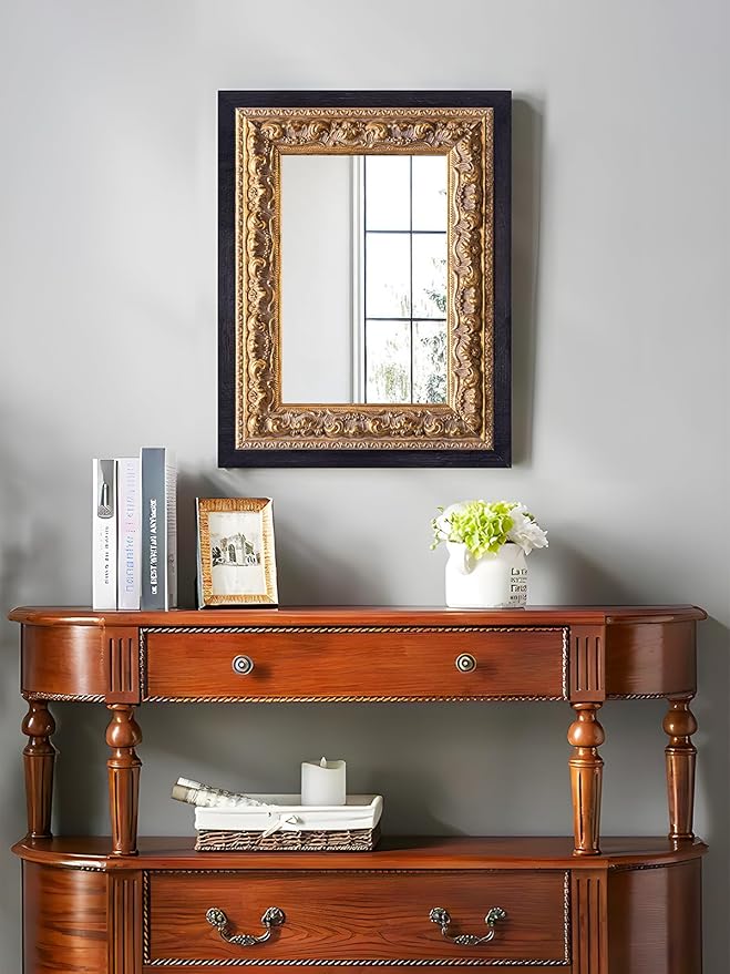 Small French Antique Mirror, 14”x11” Black Vintage Table Mirror for Vanity with Handmade Aging Foil Flower Petal Carvings Wooden Frame (Black and Gold, 14”x11”)