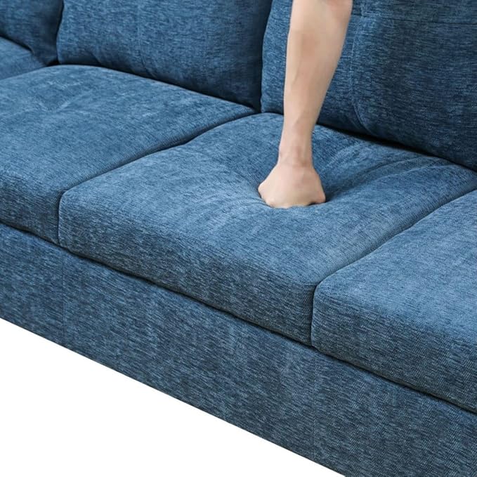 Blue L-Shaped 3-Piece Flannel Sofa with Storage Ottoman Set, Sectional Couch Sofa Set for Living Room, Office, Small Space