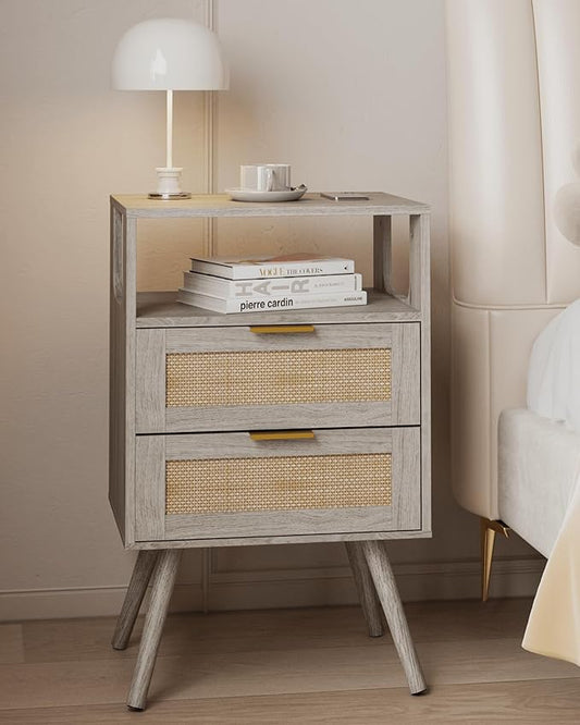 Rattan Nightstand,Farmhouse Bedside Table with 2 Storage Drawer and Open Wood Shelf, for Bedroom and Small Spaces,Night Stand with Solid Wood Legs (Grey Oak)