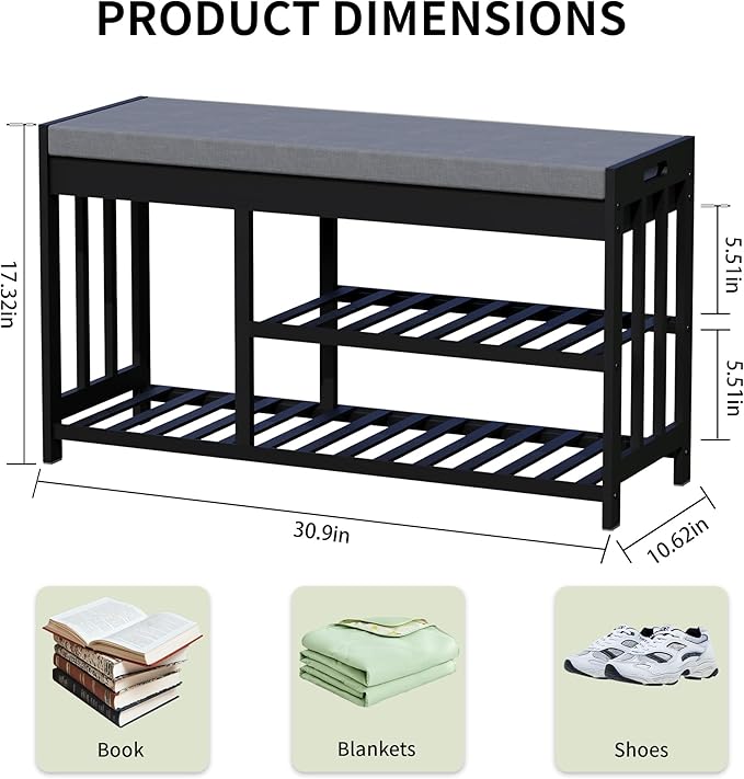 Shoe Rack Bench with Cushion,2 Tiers Shoe Bench with Flip-Top Storage,Wood Shoe Rack for Entryway, Hallway, Bedroom, Front Door Entrance (Black)