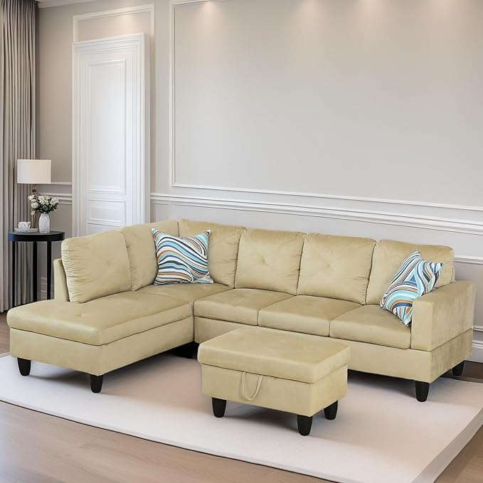 L Shaped Sectional Couch Sofa, Modern Couches for Living Room, Comfy 4 Seat Modular Sectional Sofa with Ottoman Storage for Bedroom Apartment, Beige
