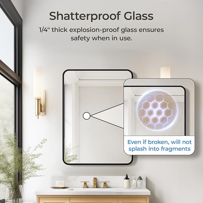 USHOWER Black Bathroom Mirror for Over Sink 22 x 30 Inch, Matte Black Rectangle Mirror for Wall, Rounded Metal Frame Vanity Mirror
