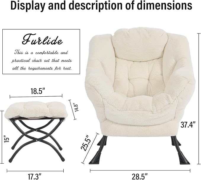 Lazy Chair with Ottoman, Modern Chair with Folding Footrest, Lounge Accent Chair, Comfortable Reading Chair for Bedroom, Study, Living Room, Courtyard (Plush Beige)
