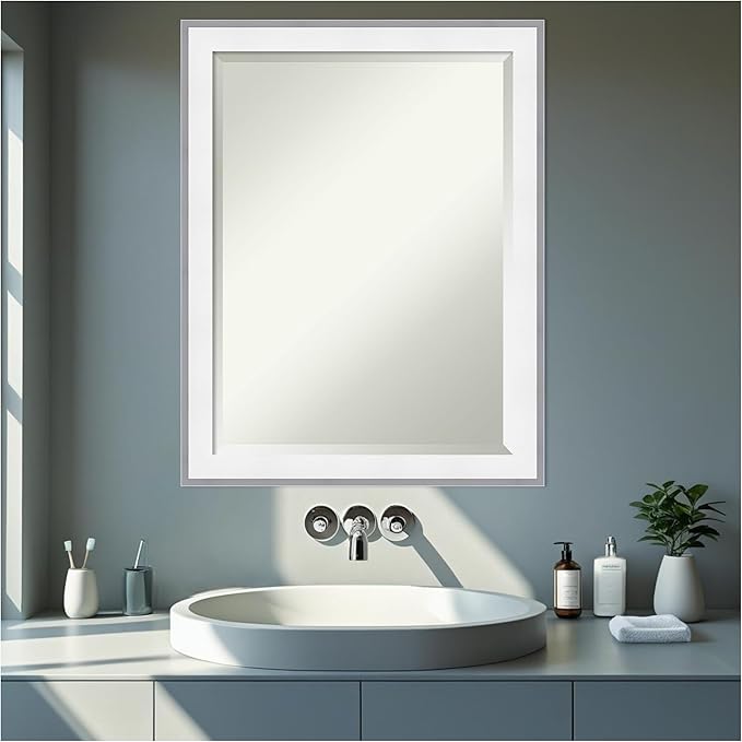 Amanti Art Bathroom Mirror for Over Sink, 27x21 Maya White Silver Rectangle Vanity Mirror, Medium Modern Contemporary Frame, Hangs Horizonally and Vertically, Bathroom Wall Decor, Beveled Edge