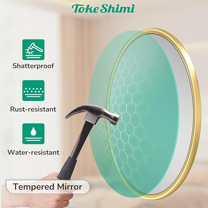 TokeShimi 30 in Round Framed Brushed Gold Mirror Bathroom Tempered, Shatterproof Mirror Circle 30x30 Farmhouse Aluminum Large Wall Mirrored for Vanity, Entryway, Bedroom, Restroom, Living Room