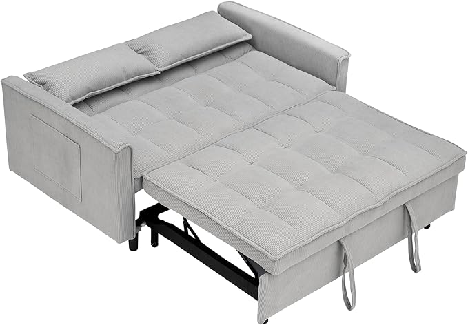 Ball & Cast Convertible Sofa Bed,Pull Out Loveseat Sleeper Sofa,Convertible Pull Out Couch W/2 Pillows,Adjustable Backrest & Side Pocket,Corduroy Futon Couches for Living Room,Apartment,Light Gray,54"