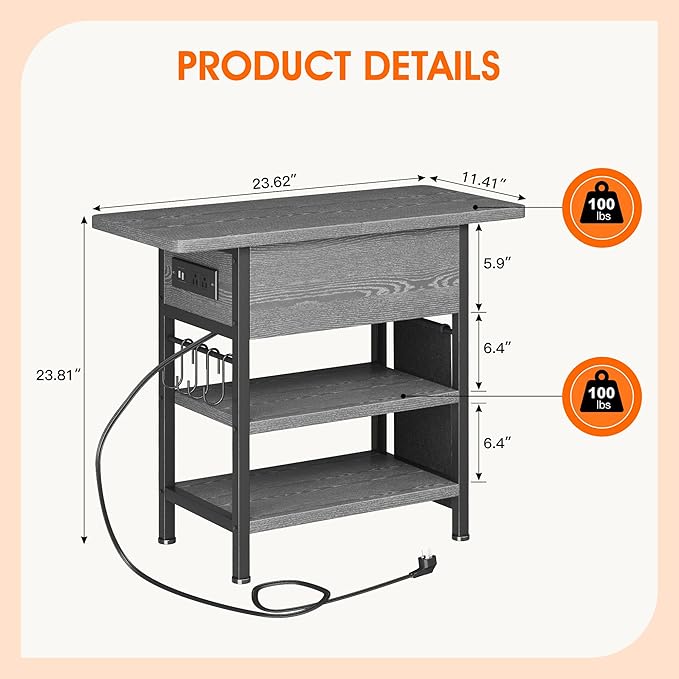 End Table with Charging Station, Flip Top Nightstand with USB Ports and Outlets,Couch Side Table with Fabric Bag and Hooks, Bedside Table for Space Saving, Living Room, Bedroom (Grey)