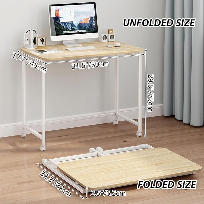 JSB Small Folding Computer Desk with Storage Bag and Hook Writing Modern Industrial Work Table Laptop for Home Office White (Natural & White, 31.5")