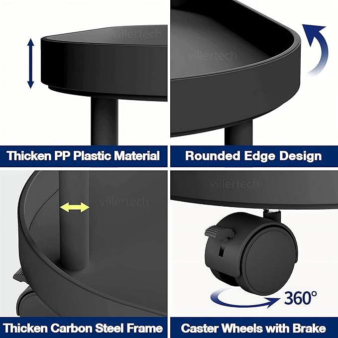 Side Table with Wheels, End Table Living Room Plastic Mobile Sofa Side Table Small Night Stand Bedroom Black (2 Pack)