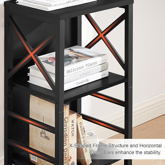Small Bookshelf,3 Tier Industrial Bookcase with Metal Frame and Backboard,Low Black Book Shelf,Book case for Small Spaces,Living Room,Bedroom and Home Office