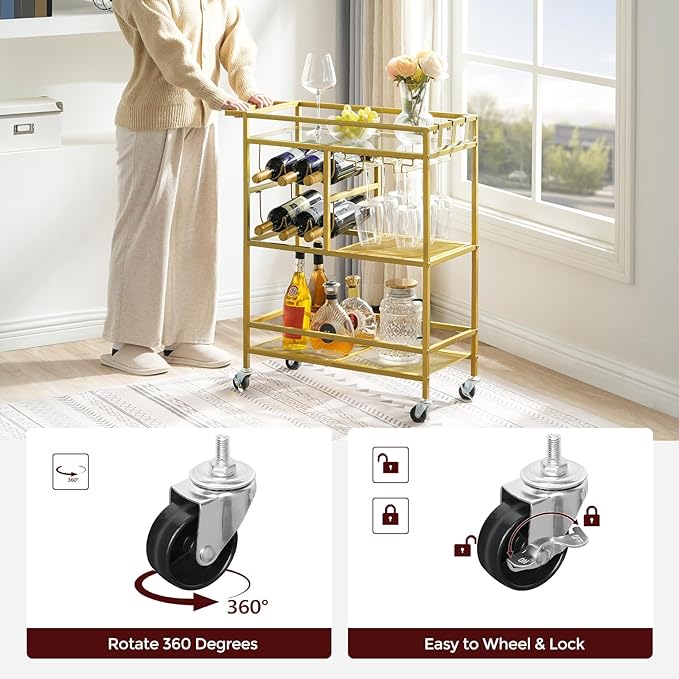 Bar Cart for Home, 3-Tier Serving Cart with Wheels and Handle, Beverage Cart with Wine Rack and Glass Holders, Rolling Wine Cart for Kitchen, Dining Room, Gold RCJ61B01