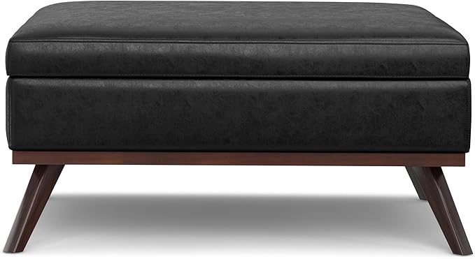 SIMPLIHOME Owen 40 inch Wide Mid Century Modern Square XL Coffee Table Storage Ottoman in Distressed Black Vegan Faux Leather, Assembled, for The Living Room, Entryway and Family Room