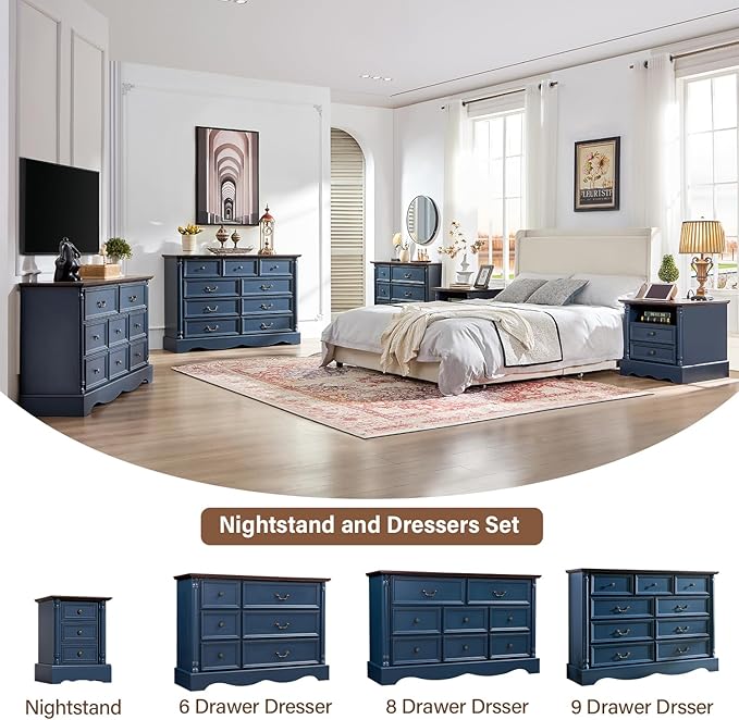Farmhouse 6 Drawers Dresser for Bedroom with Charging Station, Wood Country Rustic Storage Dressers Organizer, Vintage Design