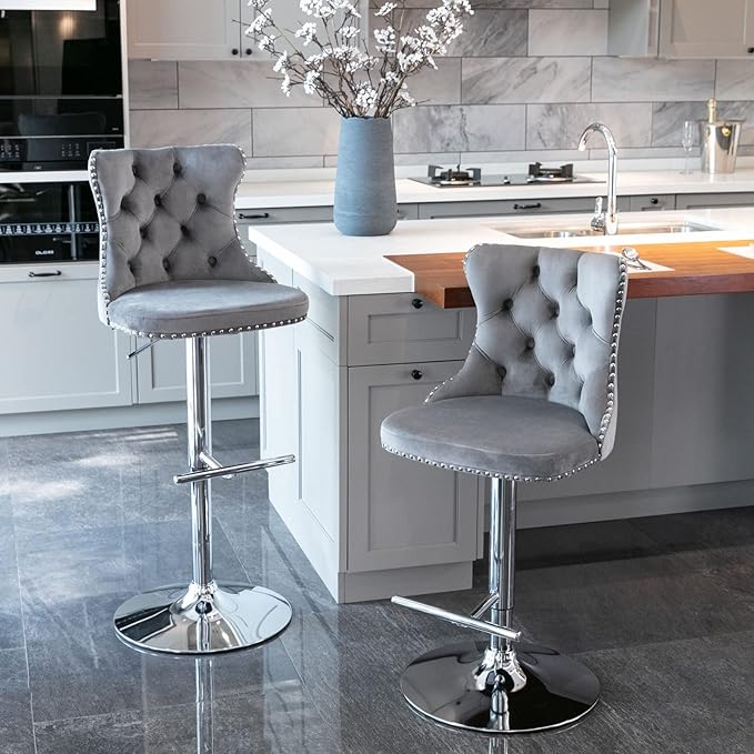 PacknWood Acosure Swivel Velvet Barstools Adjusatble Seat Height from 25-33" with Comfortable Tufted,Modern Upholstered Chrome Base Bar Chairs,for Home Pub Kitchen,Gray,Set of 2