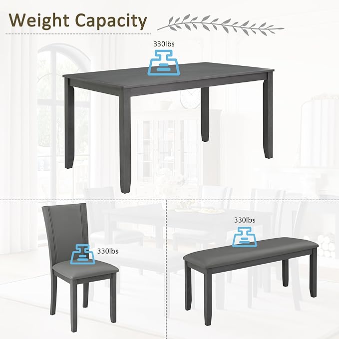 soges 6-Piece Large Dining Table Set with Leather Bench and Chairs, Wooden Dining Table Chairs Set for 6, Modern 6 Person Dining Room Set, Grey