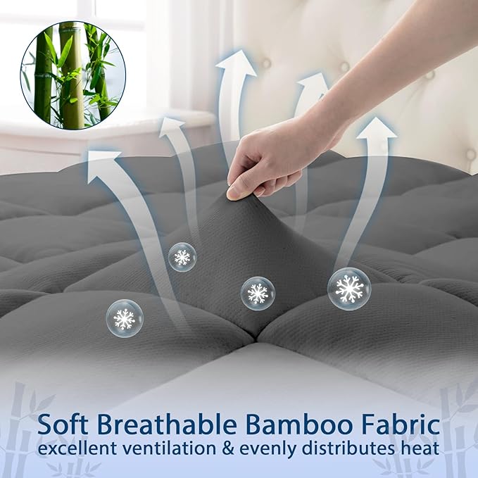 ELEMUSE Queen Grey Cooling Bamboo Viscose Mattress Topper for Back Pain, Extra Thick Mattress Pad Cover, Plush Soft Pillowtop with Elastic Deep Pocket, Overfilled Down Alternative Filling