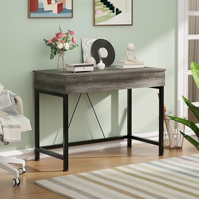 CAIYUN 40Inch Small Desk with 2 Wooden Drawers,Vanity Desks for Home Office with Storage, Simple Computer Desk for Small Space,Desk for Bedroom, Modern Writing Work Kids Study Desk Table, Grey Oak