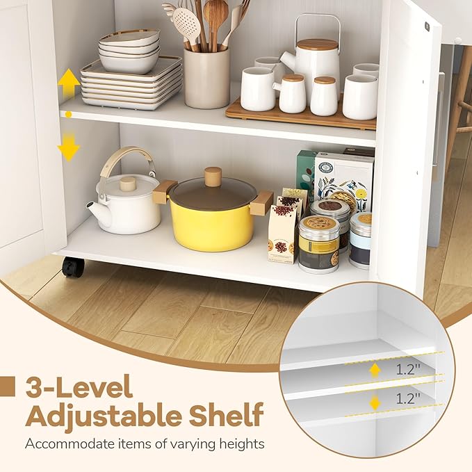 COSTWAY Kitchen Island On Wheels, Rolling Storage Trolley Cart with Large Cabinet, Drawer, Spice Rack and Towel Rack, Kitchen Serving Utility, 3-Position Adjustable Shelf (White)