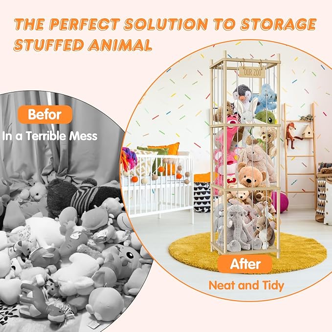 Stuffed Animal Storage, Wood Stuffed Animal Zoo Storage, 54 inch Large Plushy Organizers, Space Save Vertical Stuffed Animals Holder Holds 50+ Stuffed Animals for Nursery Playroom Bedroom (Log Color)