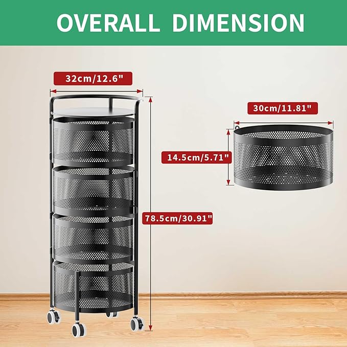 Kitchen Storage Rack No Assembly, 4-Tier Metal Storage Tower Cart Organizer on Rolling Wheels with Removal Basket for Fruit Vegetable Grocery Corns Potato Onion,Fruteros Para Cocina (4-Tier, Black)
