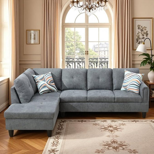 L Shaped Couch Sectional Couches with Chaise, Fluffy Fabric 3 Pieces Modular Convertible Sofa for Living Room Furniture Sets and Small Apartment, Dark Gre