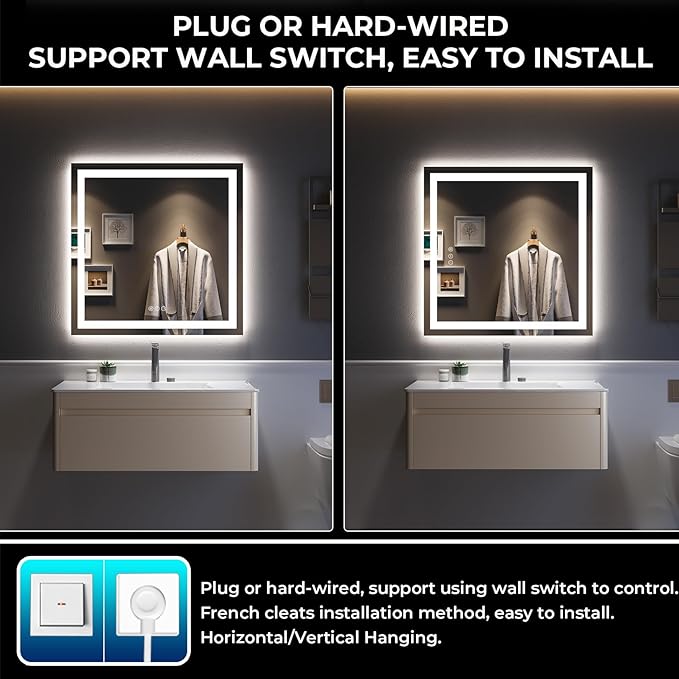 36x36 Inch LED Bathroom Mirror with Lights Front and Backlit Lighted Vanity Mirror for Bathroom Wall with 3 Colors Dimmable Anti-Fog Memory Shatter-Proof IP54 Waterproof Horizontal/Vertical