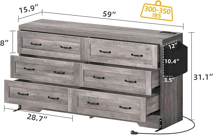 YITAHOME 6 Drawers TV Stand for 65 inches with Power Outlets -Chest of Drawers Dresser with Side Organizer Bag Entertainment Center TV Console, Grey
