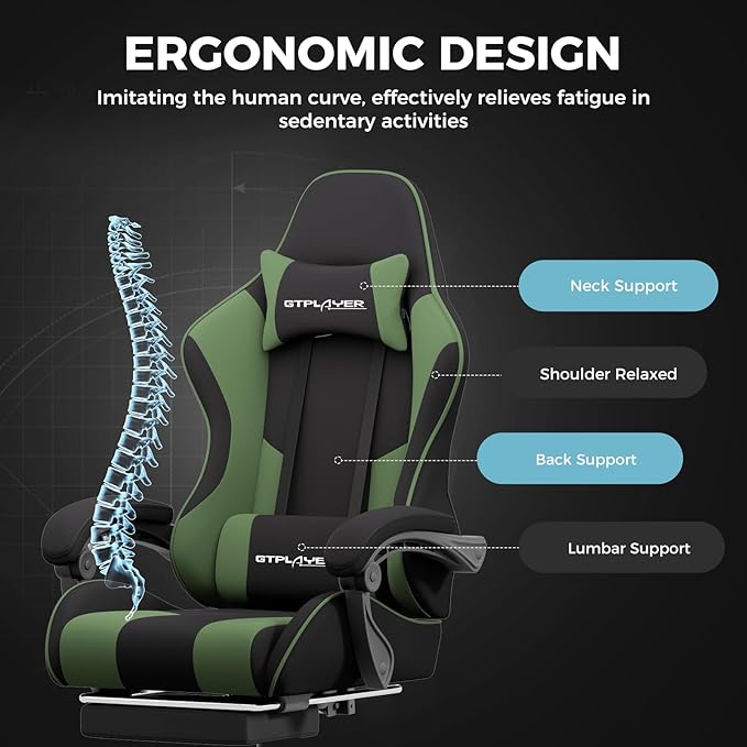 GTPLAYER Gaming Chair, Computer Chair with Footrest and Lumbar Support, Height Adjustable Game Chair with 360°-Swivel Seat and Headrest and for Office or Gaming (Green, Fabric)