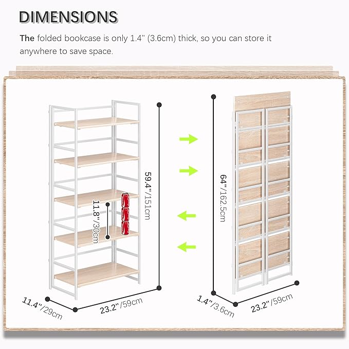 4NM No Assembly 5 Tiers Book Shelves, White Folding Bookshelf Bookcase Open Industrial Foldable Shelves for Bedroom, Living Room, Home Office - Natural White