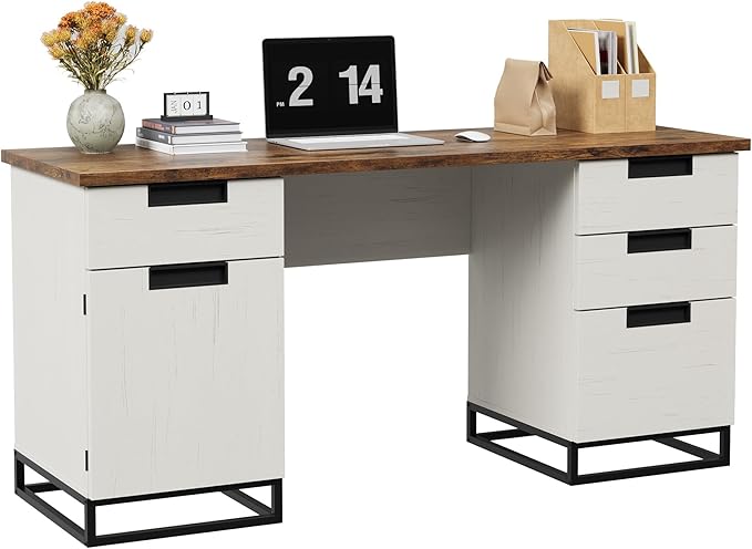 Garvee 59" Farmhouse Executive Desk, Home Office Desk with File Drawer and Storage Cabinet, Wooden Computer Table with 3 Drawers for Work and Study (Vintage)