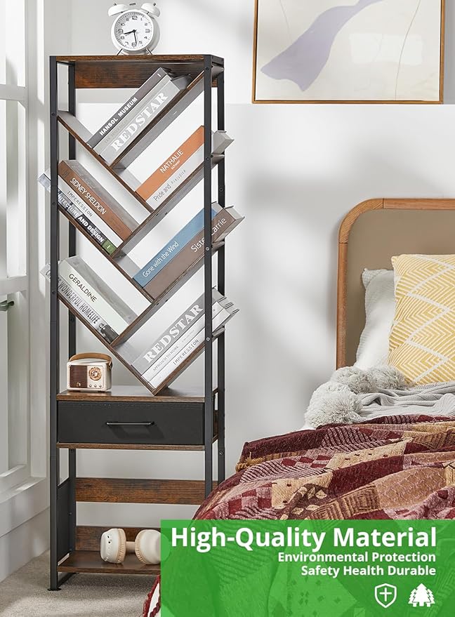 Bookshelf with Drawer,10 Tier Tree Bookcase Retro Floor Standing Bookshelves,Tall Wood Bookcases with Cabinet Storage Organizer for Living Room, Bedroom & Home Office, Classic