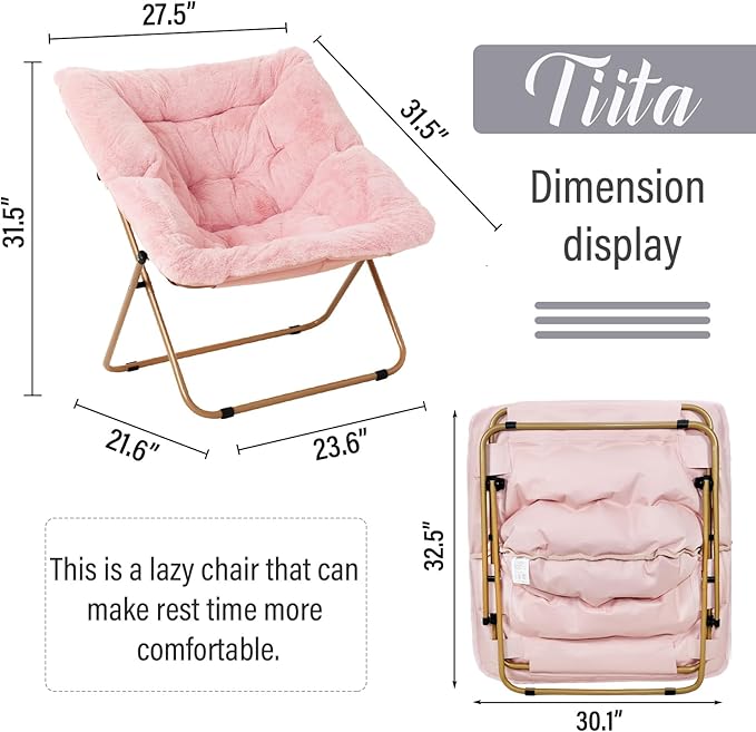 Tiita Comfy Folded Chair, Soft Faux Fur Oversized Folding Accent Chair, Lounge Lazy Chair for Kids Teens Adults, Metal Frame Moon Chair for Bedroom, Living Room, Dorm Rooms, X-Large Pink