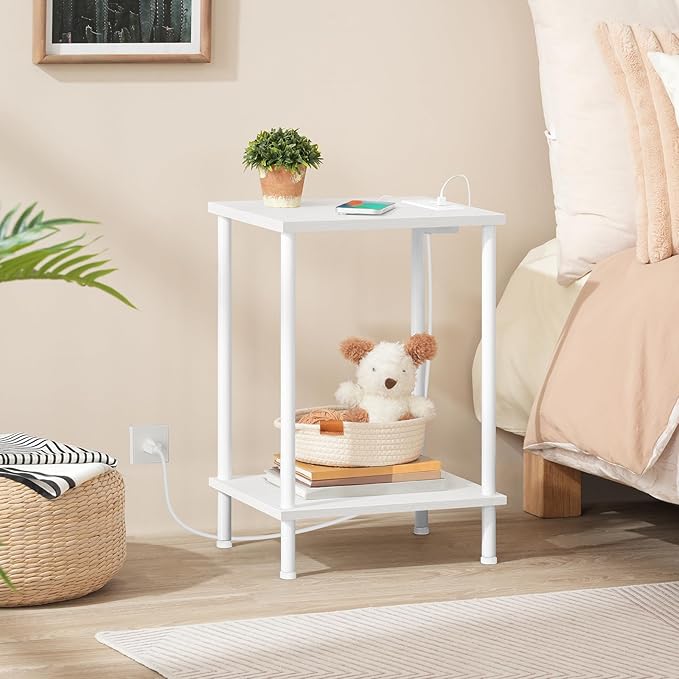 HOOBRO Side Table with Charging Station, Set of 2 End Tables with USB Ports and Outlets, Nightstand with 2-Layer Storage Shelves for Small Spaces, Living Room, Bedroom, White WW09UBZP201