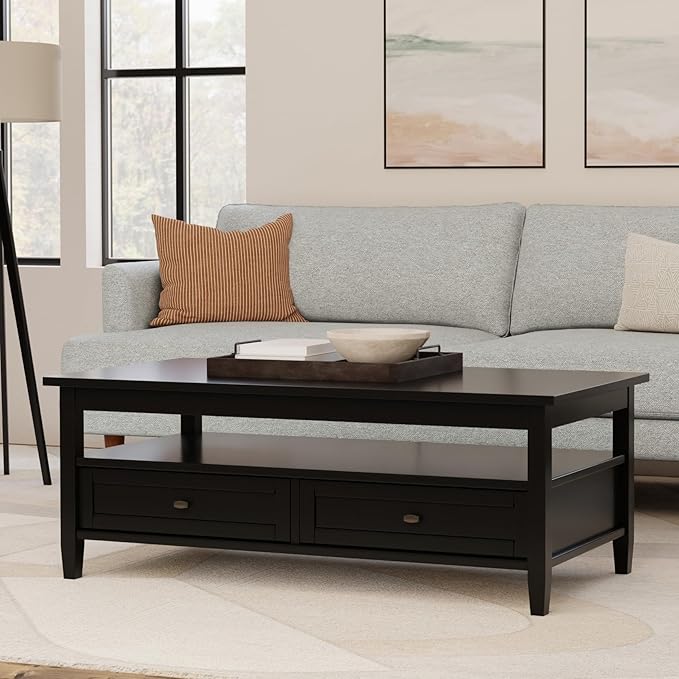 SIMPLIHOME Warm Shaker Coffee Table - 48 inch Wide Solid Wood Cocktail Table in Black, Transitional Living Room Table with 2 Storage Drawers and Open Shelf for Sitting Area or Lounge