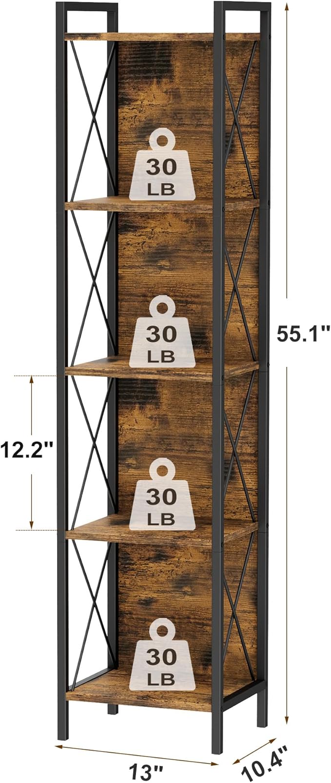 Homhedy 5 Tier Bookshelf Bookcase, Tall Narrow Bookshelf for Small Space, Metal Storage Shelves with Back Panel, for Home Office, Living Room, Kitchen, Bedroom, Industrial Style, Rustic Brown