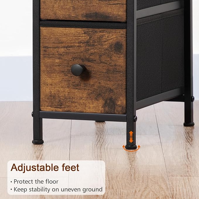 Narrow End Table Living Room with Charging Station, Skinny Side Table with Fabric Drawers, Slim LED Nightstand for Bedroom, Small Spaces, Couch, Brown, HETNDP03LBR-1