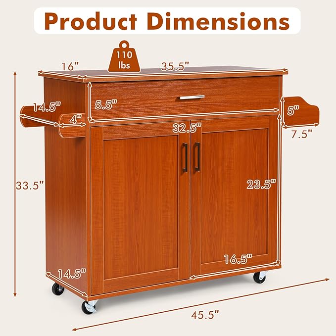 COSTWAY Kitchen Island Cart, Rolling Storage Trolley Cart with Lockable Rubber Wheels, Large Cabinet, Drawer, Spice Rack and Towel Rack, Kitchen Serving Utility, 3-Position Adjustable Shelf (Cherry)