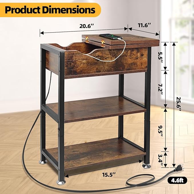 TooCust Flip Top End Table with Hidden Charging Station - 12" D×21" W×26" H Small Side Tables with Storage & Shelves, Compact Side Table for Small Spaces, Slim End Table with Charging Station, Brown