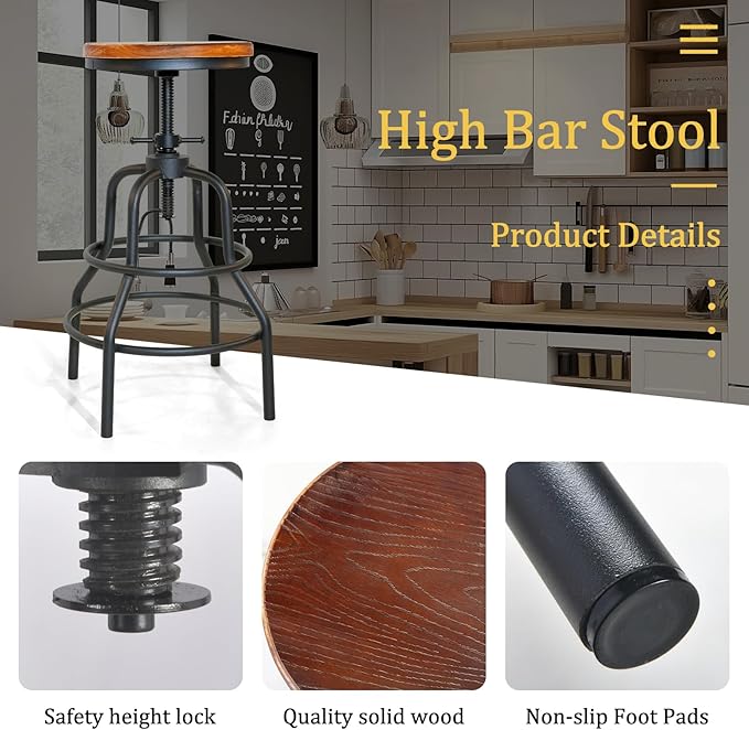 LOKKHAN Vintage Industrial Barstools - 13.8" Dia Round Wooden Brown Seat - Black Metal Base - Adjustable Height: 23.6"-29.5" / Minimalist Design/Raw Rustic Look/Rotating Top Bar Chairs, Set of 4